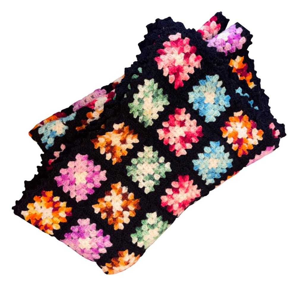 Vintage Handmade Crocheted Granny Square Blanket Black Multi Color Afghan 43x60